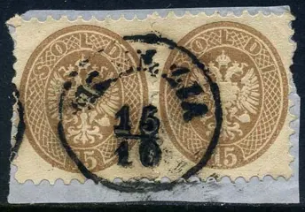 Italiaanse oude staten - Lombardije Venetië 1864 - Coat of arms, 15 cents brown, perforation 9.5, cancelled pair in Venice on small cut out. - Sassone N. 45