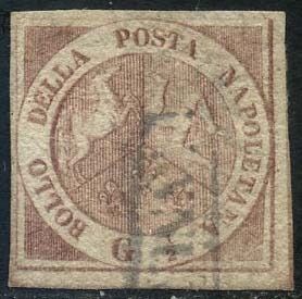Italiaanse oude staten - Napels 1858 - 1/2 grano dark carmine, 2nd plate. Wide margins. With certificate. - Sassone N. 2b