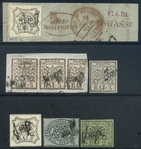 Italiaanse oude staten - Pauselijke Staat 1852 - 7 esemplari con annullo "imp.e" (impostazione). Interessanti