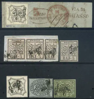 Italiaanse oude staten - Pauselijke Staat 1852 - 7 esemplari con annullo "imp.e" (impostazione). Interessanti