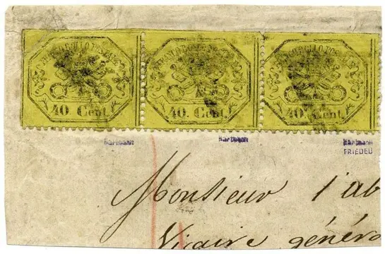 Italiaanse oude staten - Pauselijke Staat 1867 - Terza emissione, 40 centesimi giallo limone. Striscia di 3 esemplari su frammento. - Sassone N. 29