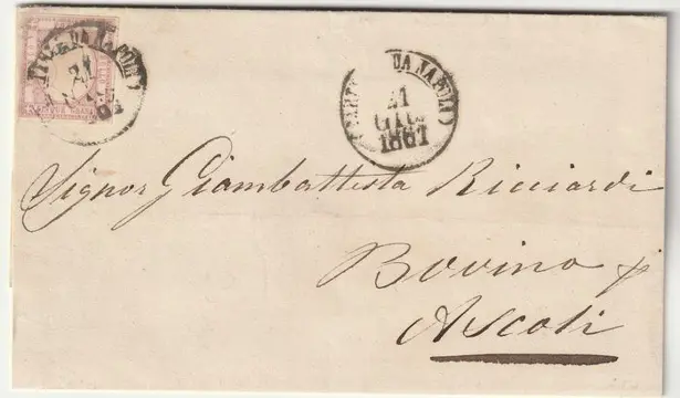 Italiaanse oude staten - Napels 1861 - 5 gr. lilla ben marginato su fresca sovracoperta da Napoli x Ascoli rara - Sassone n.21c