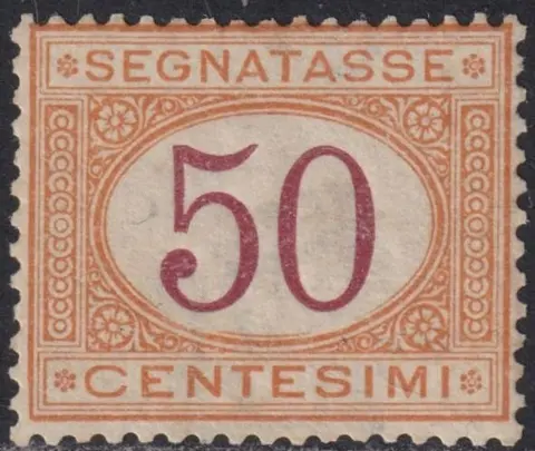 Koninkrijk Italië 1870/74 - Segnatasse I^ Em. 50 c. ocra carminio centrato integro molto raro Certificato - Sassone n.9