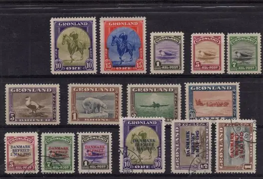 Groenland 1945 - 10-18 MH; 19-22, 25, 27 USED - Scott: 10-18, 19-22, 25, 27