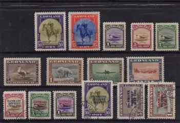 Groenland 1945 - 10-18 MH; 19-22, 25, 27 USED - Scott: 10-18, 19-22, 25, 27