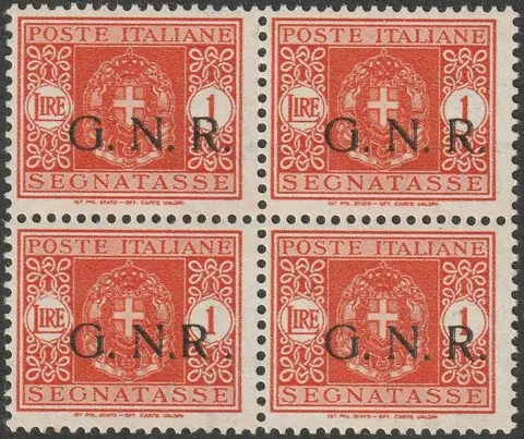 Republikeinse Nationale Garde - Brescia-circulatie 1944 - GNR Segnatasse 1 l. arancio "R accostata a N" in Quartina coi normali rara lusso periziata - Sassone n.55/Id+55/I