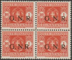 Republikeinse Nationale Garde - Brescia-circulatie 1944 - GNR Segnatasse 1 l. arancio "R accostata a N" in Quartina coi normali rara lusso periziata - Sassone n.55/Id+55/I