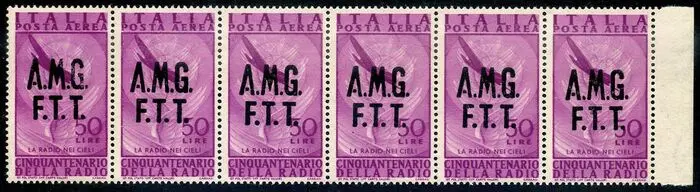 Triëst - Zone A 1947 - Radio airmail, 50 lire. Strip of 6 with oblique overprint. Unpublished variety. - Sassone N. 12ac