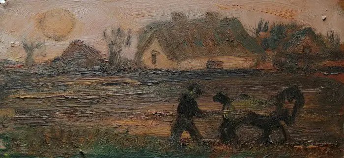 GDe Smet '' Boer met paard "" olieverf op karton