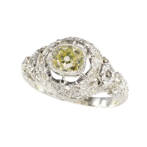 Edwardian Platinum Ring with Fancy Yellow Diamond  A Lacy Echo of 1920s Elegance