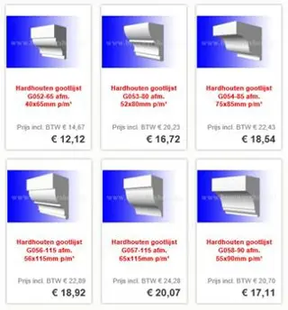 Gootlijsten, ca. 30 modellen uit voorraad bij Brouwers Hout