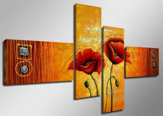 Nieuw canvas schilderij 4-luik Red Flowers 160 x 70 cm