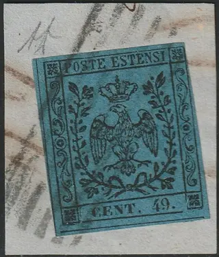 Italiaanse oude staten - Modena 1852 - 40 c. dark azure, variety CENT. 49. (9 instead of 0) used on fragment, rare and certified - Sassone n.10a