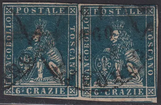Italiaanse oude staten - Toscane 1857 - I emissione, 6 crazie azzurro cupo su carta bianca e filigrana linee ondulate coppia orizzontale - Sassone N. 15b
