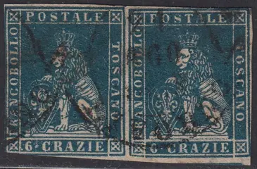 Italiaanse oude staten - Toscane 1857 - I emissione, 6 crazie azzurro cupo su carta bianca e filigrana linee ondulate coppia orizzontale - Sassone N. 15b