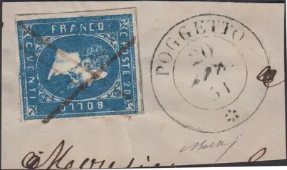 Italiaanse oude staten - Sardinië 1851 - 1st issue, 20 light azure with pen cancellation of POGGETTO 20/4/51 - Sassone N. 2f, annullo punti R2