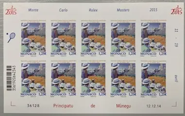 Monaco 2015 - Tennis, Rolex, Monte-Carlo Masters, sheet of 10, complete, imperforate, VF and rare - Yvert N° 2961