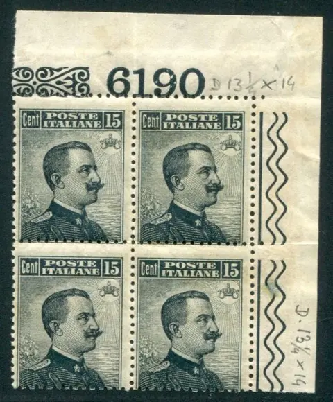 Koninkrijk Italië 1911 - 15 cents, 13 1/4 x 14 corner block of four with plate number - Sassone 86