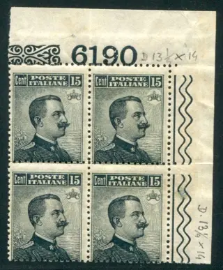 Koninkrijk Italië 1911 - 15 cents, 13 1/4 x 14 corner block of four with plate number - Sassone 86