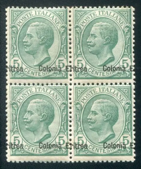 Italiaans Eritrea 1908/1909 - Block of 4 with heavily shifted overprint to the right - Sassone 31cb
