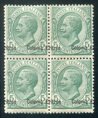 Italiaans Eritrea 1908/1909 - Block of 4 with heavily shifted overprint to the right - Sassone 31cb