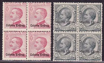 Italiaans Eritrea 1918 - Victor Emmanuel III, 2 values in block of four. - sassone 47/48
