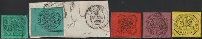 Italiaanse oude staten - Pauselijke Staat 1867 - II^ Em. serie di 5 valori in centesimi usati grandi margini rara - Sassone n.13+16/19