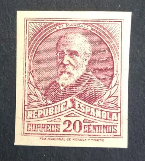 Spanje 1932 - Pi Margall. 20 céntimos pinkish lilac. Stamp with colour change. Imperforated - Edifil 666ccs