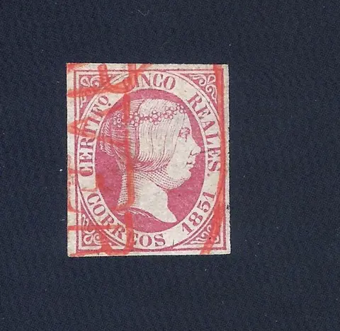 Spanje 1851 - Isabella II. 5 reales pink. CORVERA prephilatelic postmark - Edifil 9