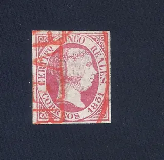 Spanje 1851 - Isabella II. 5 reales pink. CORVERA prephilatelic postmark - Edifil 9