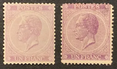 België 1865/1866 - Leopold II in Profiel Tanding 1fr Lila + Rodekool - OBP 21a + 21B