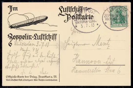Duitse Rijk 1913 - Zeppelin airship “Viktoria Luise”, flight from 3.7.1913