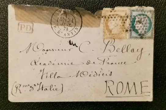 Frankrijk 1873 - Classic letters from France, 1873 Departure from Paris on July 21st, arrival Rome on July 23rd,