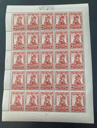 België 1914 - 'Standbeeld de Mérode' : 10c Rood in volledig velletje van 25 - OBP/COB F127 grotendeels goed GECENTREERD