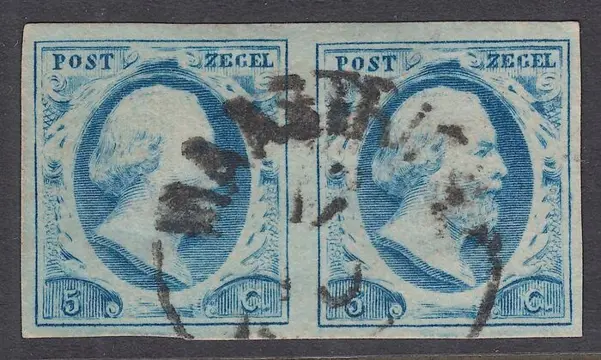 Nederland 1852 - Koning Willem III, in paar van plaat II met halve cirkel stempel Maastricht - NVPH 1e