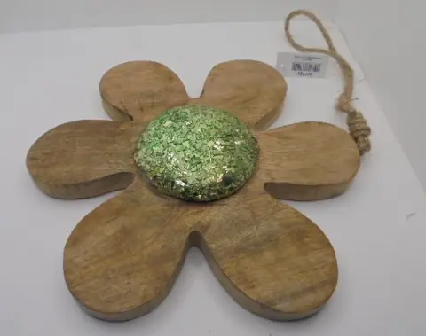 HOUTEN BLOEM MET GLAS GLITTERS 22 CM IN GROEN NIEUW