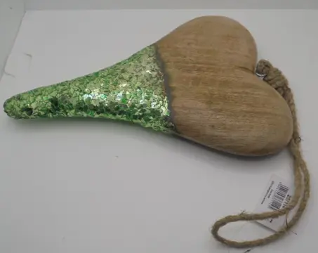 HOUTEN HART ELEGANT MET GLAS GLITTERS 20 CM IN GROEN NIEUW