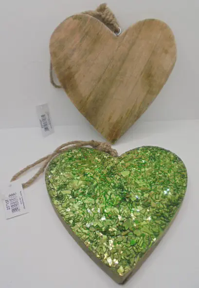 HOUTEN HART MET GLAS GLITTERS 15 CM IN GROEN NIEUW