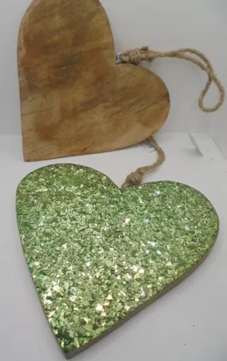 HOUTEN HART MET GLAS GLITTERS 20 CM IN GROEN NIEUW