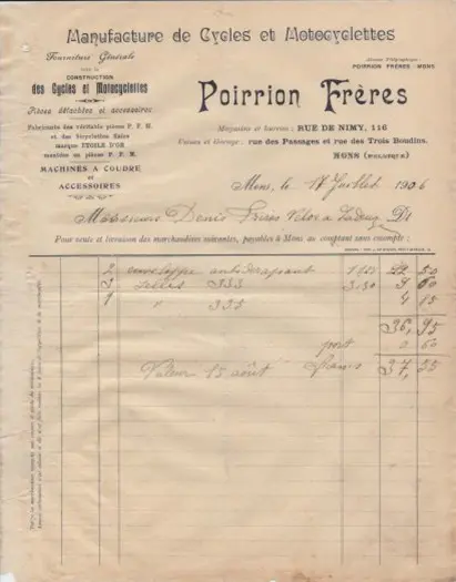 Oude factuur Poirrion Freres, Mons, 1906, cycles
