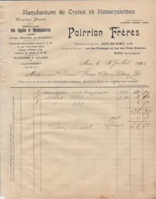 Oude factuur Poirrion Freres, Mons, 1906, cycles
