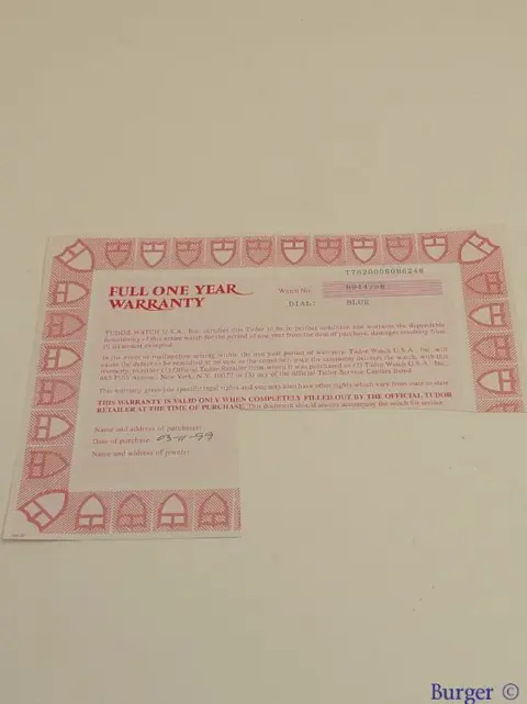 Tudor Warranty Certificate Ref: 76200