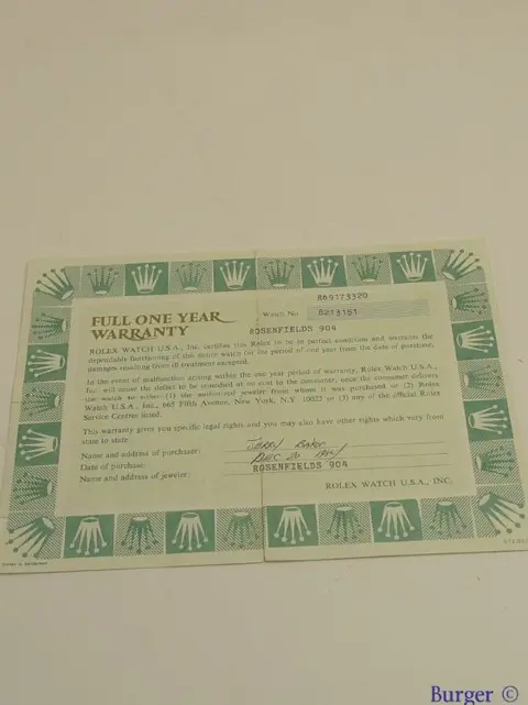 Rolex Warranty Certificate Ref: 69173