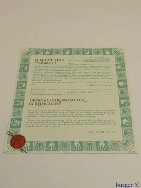 Rolex Warranty Certificate Ref: 15200