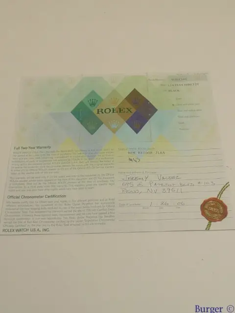 Rolex Warranty Certificate Ref: 116264