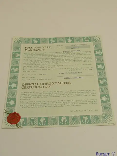 Rolex Warranty Certificate Ref: 68278