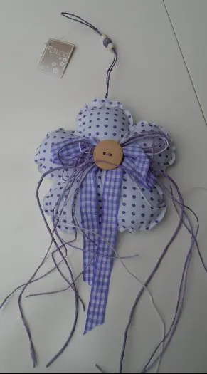 BLOEM STOF LILA WIT MET FRANJE, LINT, KNOOP EN KRALEN Nieuw