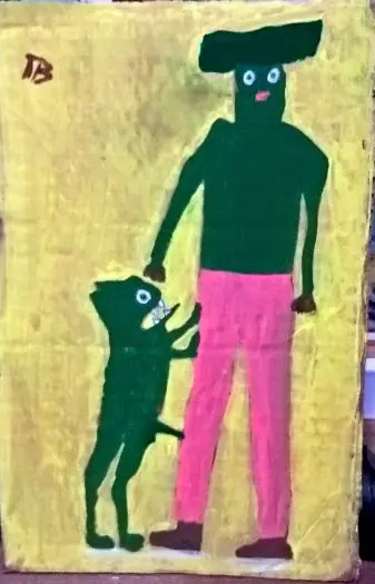 Tim Brown Man met hond mix-media op karton