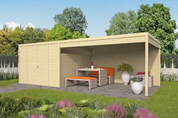 Tuinhuis-Blokhut Valentino met overkapping: 300+400x300cm