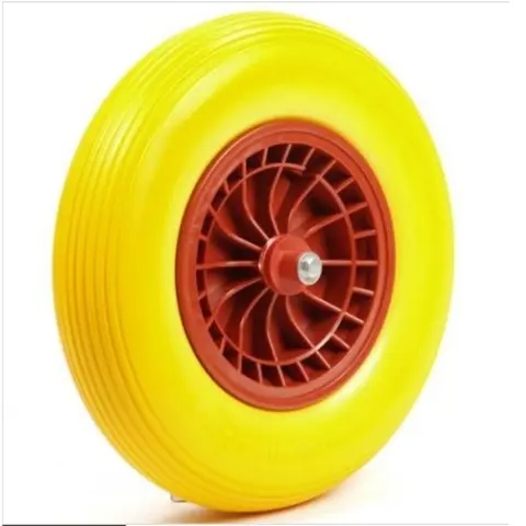 Kruiwagenwiel 4.00-8 pu plastic geel antilek